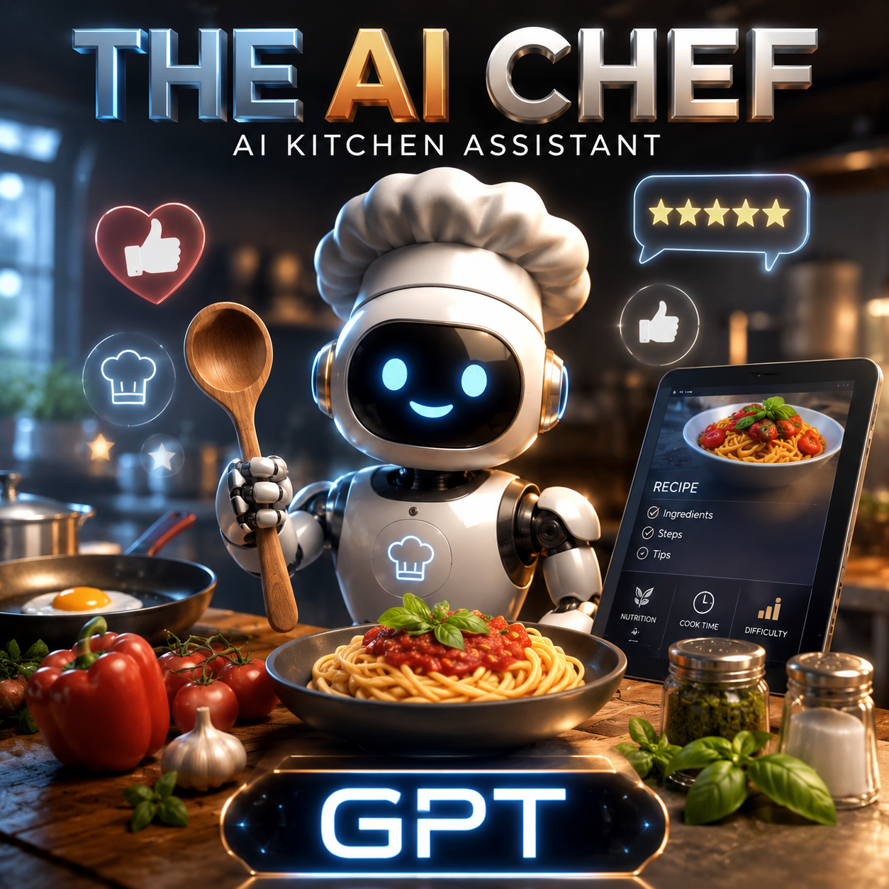 The AI Chef GPT product review image showing an AI kitchen assistant with recipe support