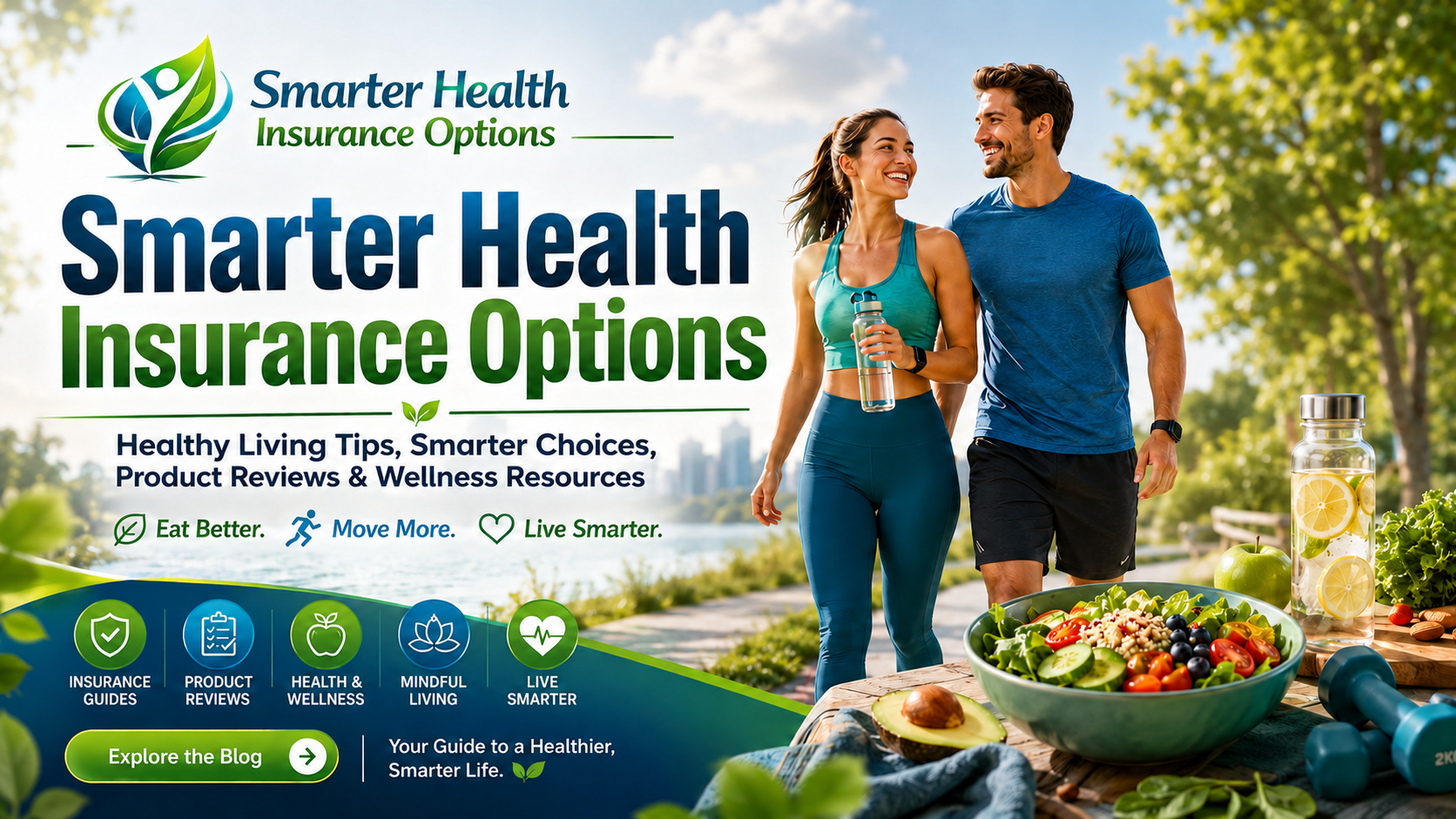 Smarter Health Insurance Options healthy living blog article banner with walking, fresh food, wellness tips, product reviews, and health resources